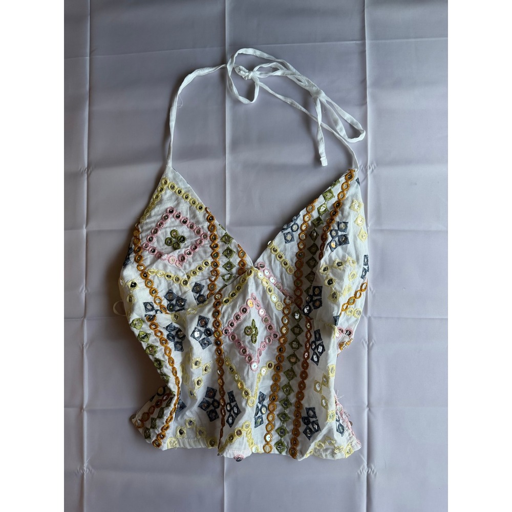 Y2K Open Back Halter Top Medium White Embroidered Mirror Accent Sequin 2000s